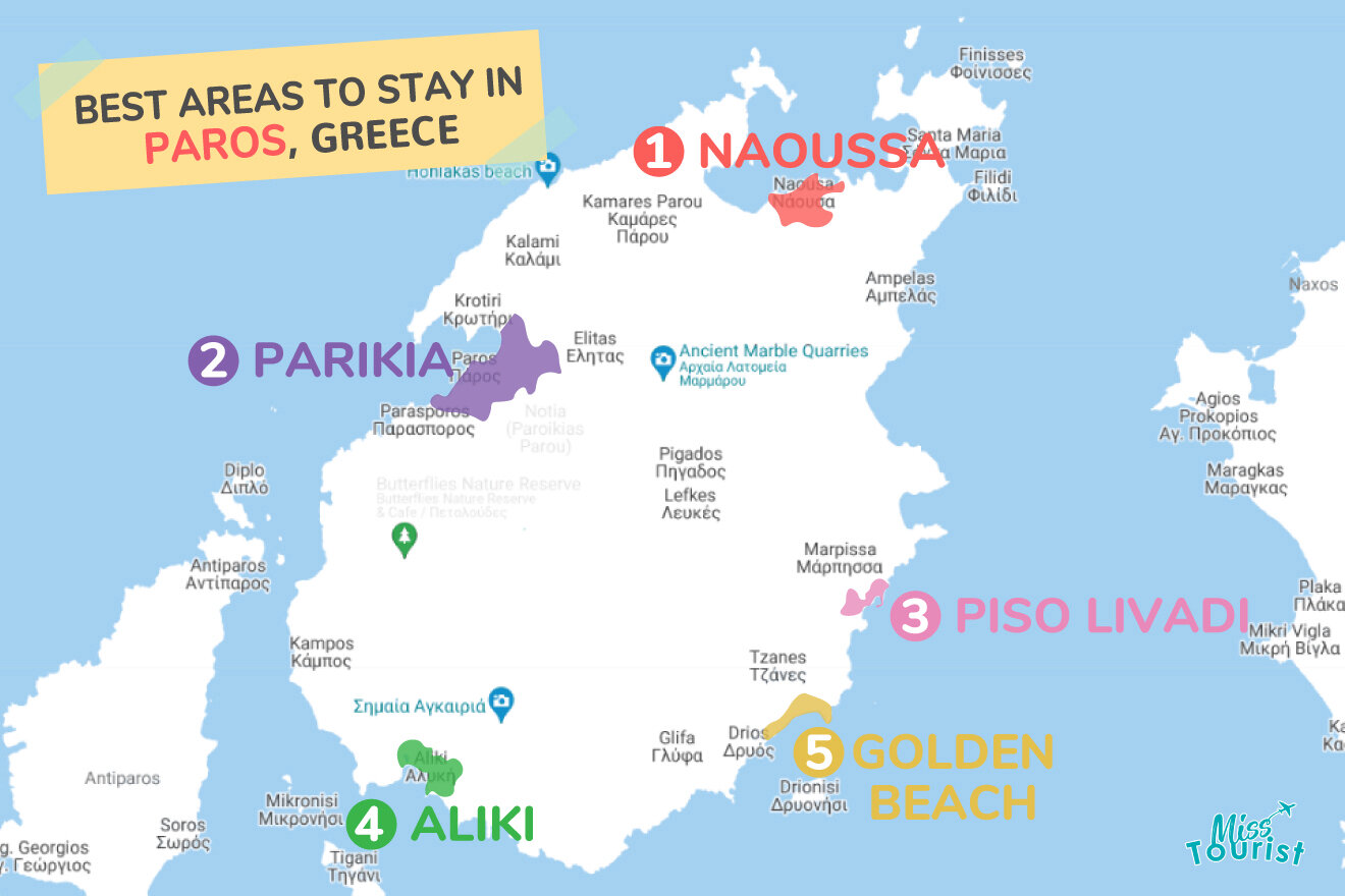 Map of best places to stay in Paros